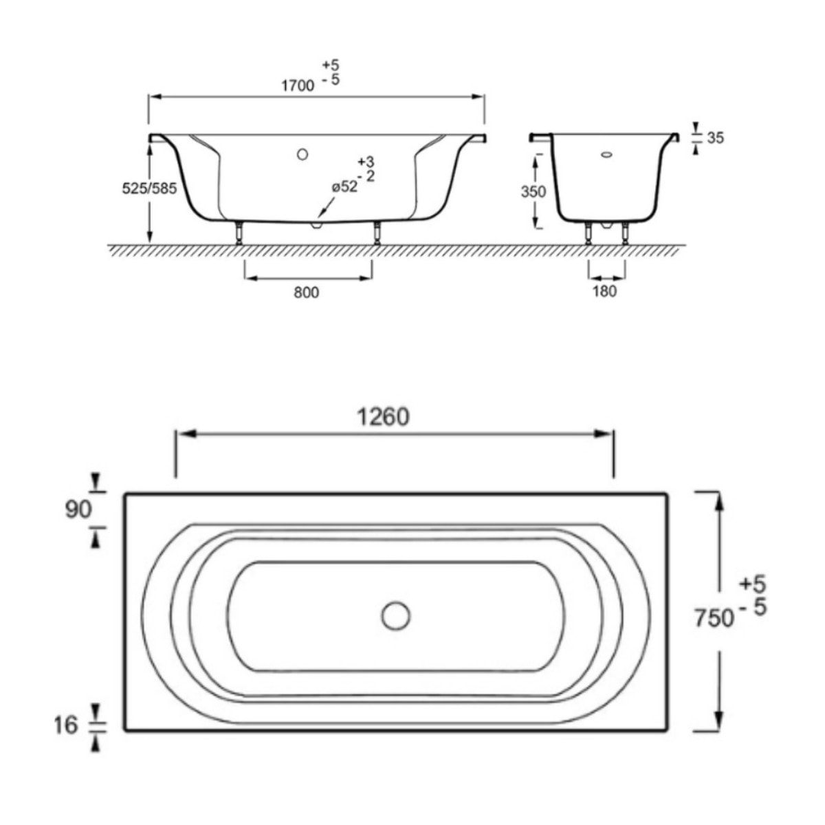 Pack baignoire droite 170 x 75 Elise + tablier niche + mitigeur bain Aimé chromé + pare bain chromé + vidage