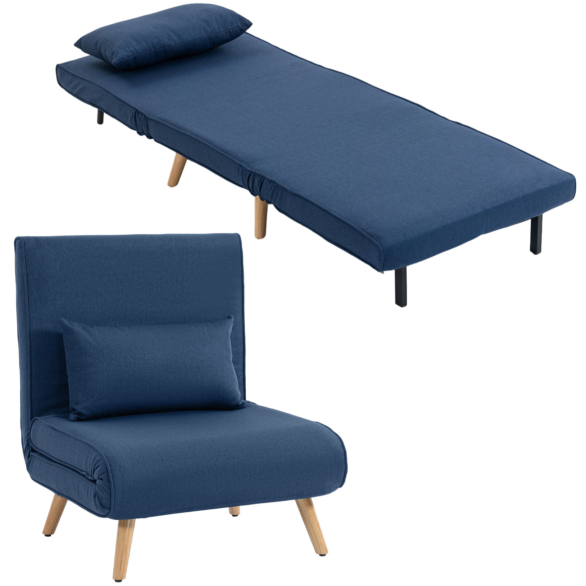 Sofá Cama Individual 3 en 1, Sillón Cama Plegable con Respaldo Ajustable en 5 Posiciones, Asiento Amplio, Almohada Acolchada, Patas de Madera, 72x75x85 cm, Azul Oscuro