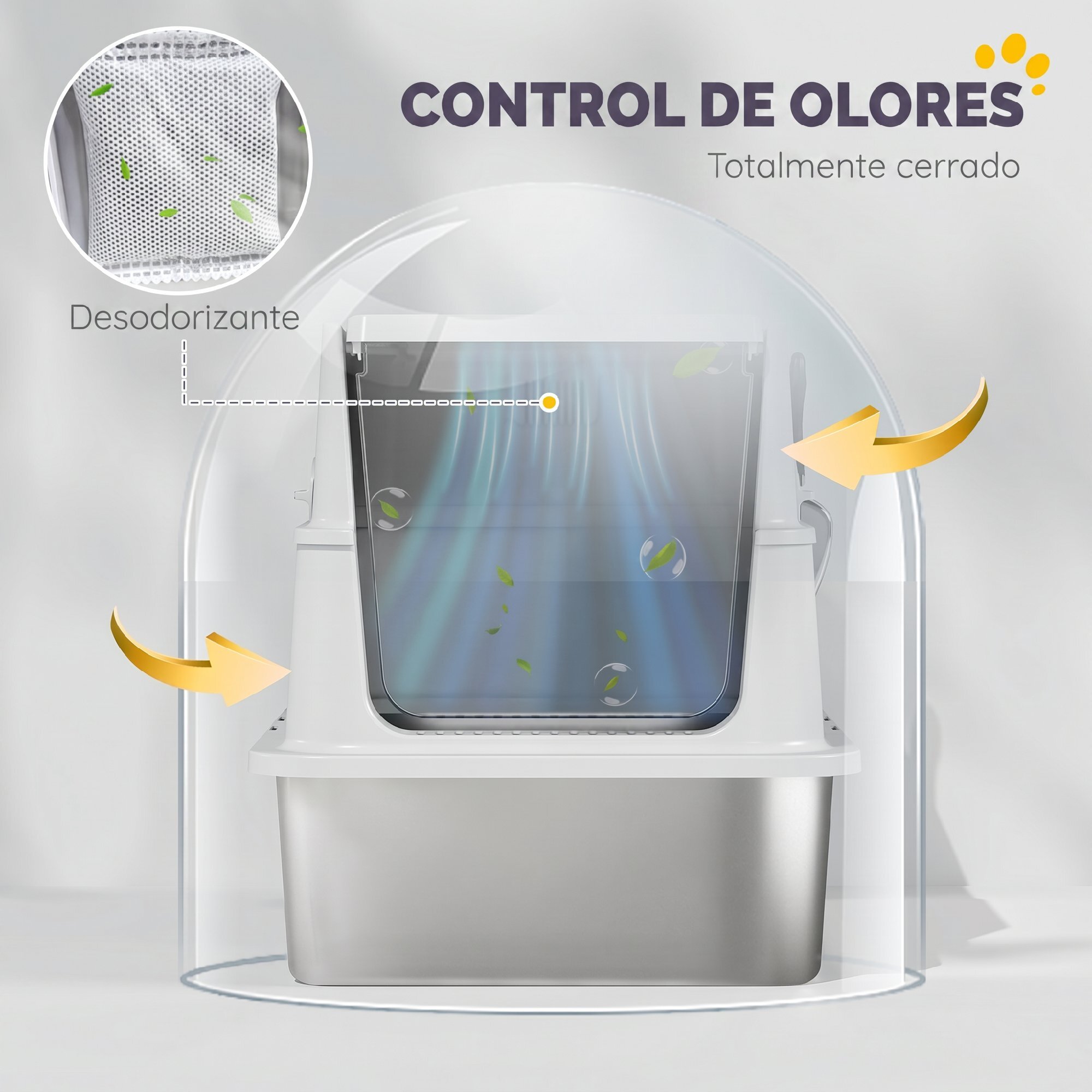 PawHut Arenero para Gatos de Acero Inoxidable XL, Caja de Arena Cerrada para Gatos Grandes, Arenero Extragrande con Tapa Abatible, Borde Alto, Pala Metálica, Fácil Limpiar, Antifugas, Gris Claro
