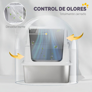 PawHut Arenero para Gatos de Acero Inoxidable XL, Caja de Arena Cerrada para Gatos Grandes, Arenero Extragrande con Tapa Abatible, Borde Alto, Pala Metálica, Fácil Limpiar, Antifugas, Gris Claro