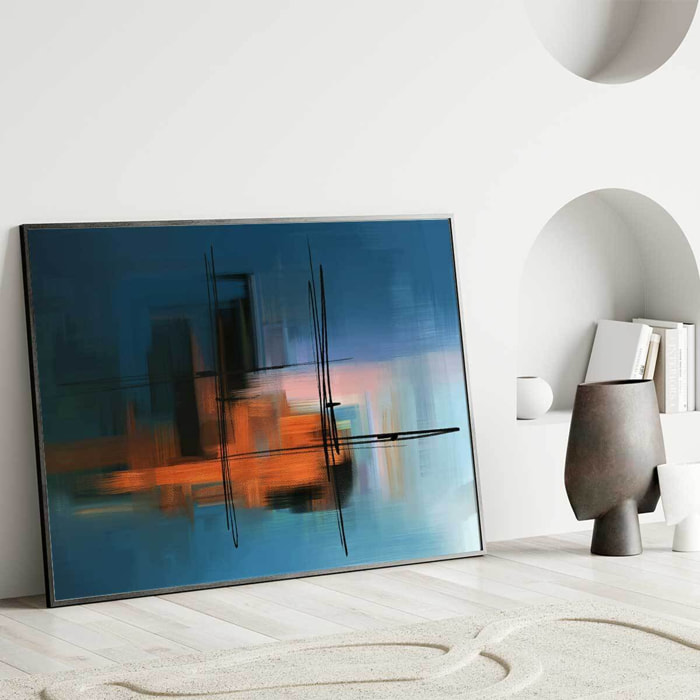 Affiche encadrée Œuvre abstraite structurée en orange, bleu et noir Affiche + cadre en métal - Noir
