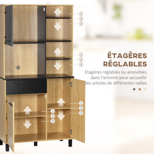 Buffet haut multi-rangement 3 portes tiroir 5 niches bicolore aspect bois clair noir