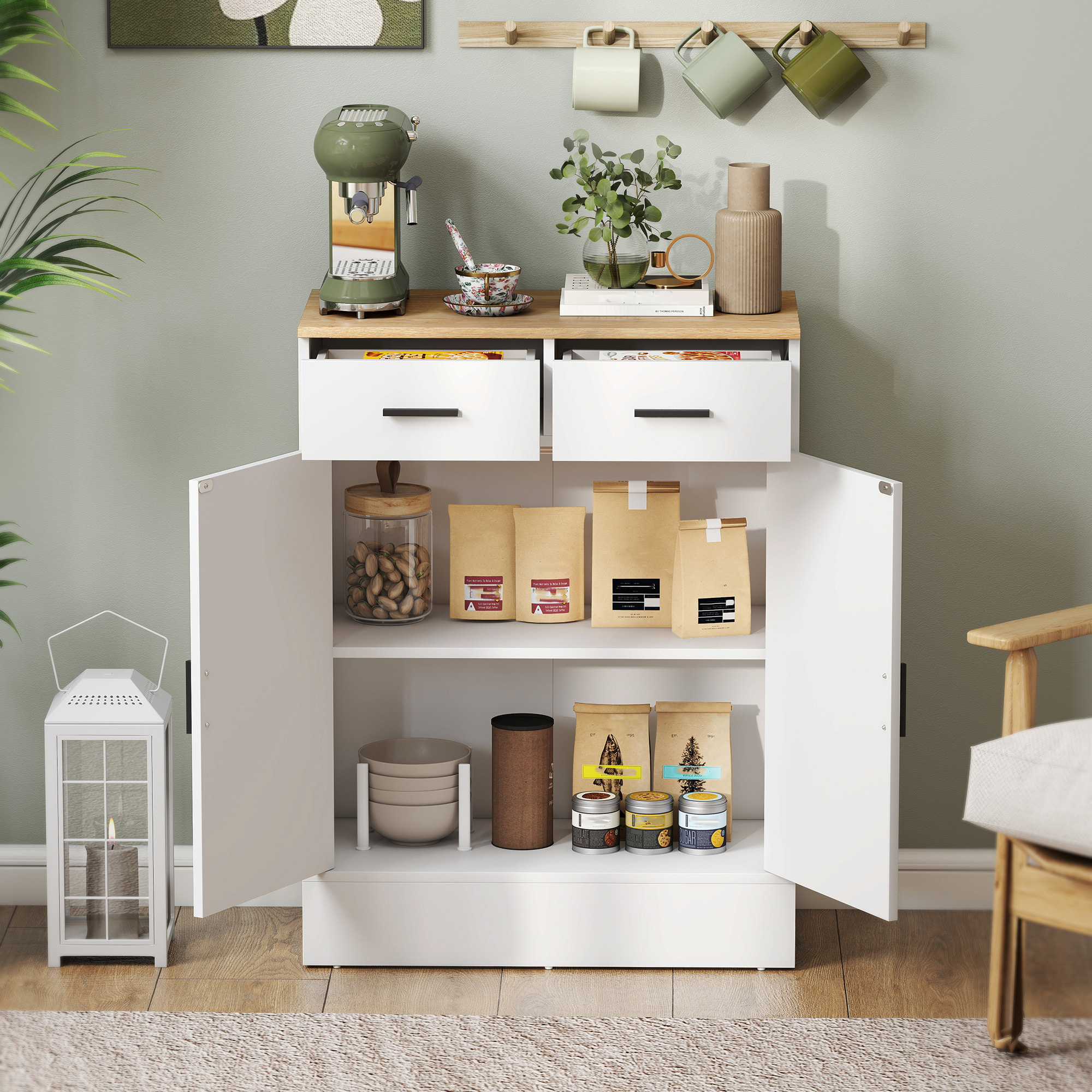 Buffet rangement cuisine 2 portes 2 tiroirs étagère - dim. 68 x 35 x 90 cm - effet bois clair blanc