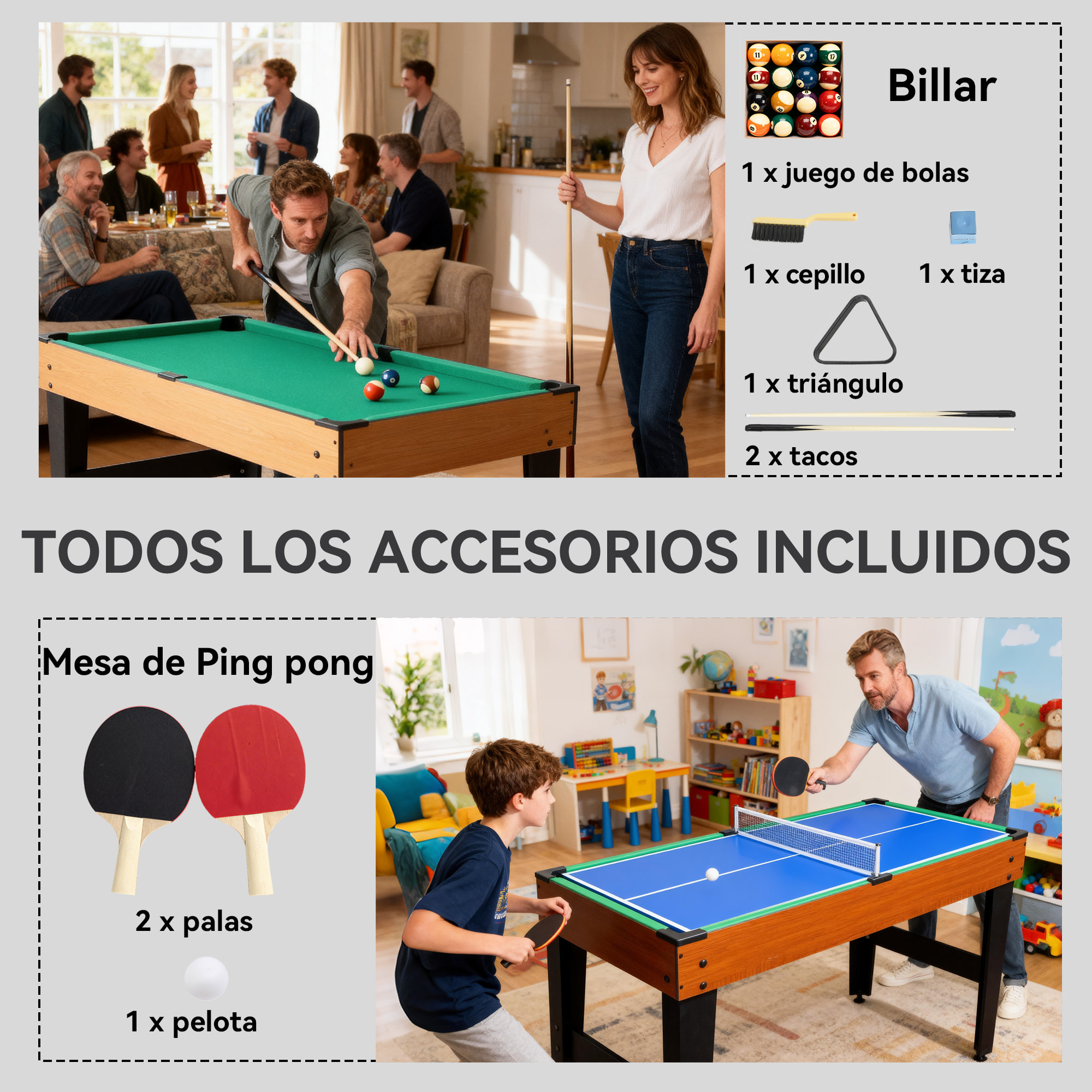 Mesa Multijuegos 5 en 1, Mesa de Juego con Futbolines para Niños, Billar, Ping-pong, Hockey y Baloncesto, Diversión Familiar para Adultos y Niños, 134x108x144 cm, Natural y Negro