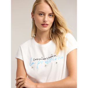 Motivi - T-shirt con scritta e ricamo con pietre - Bianco