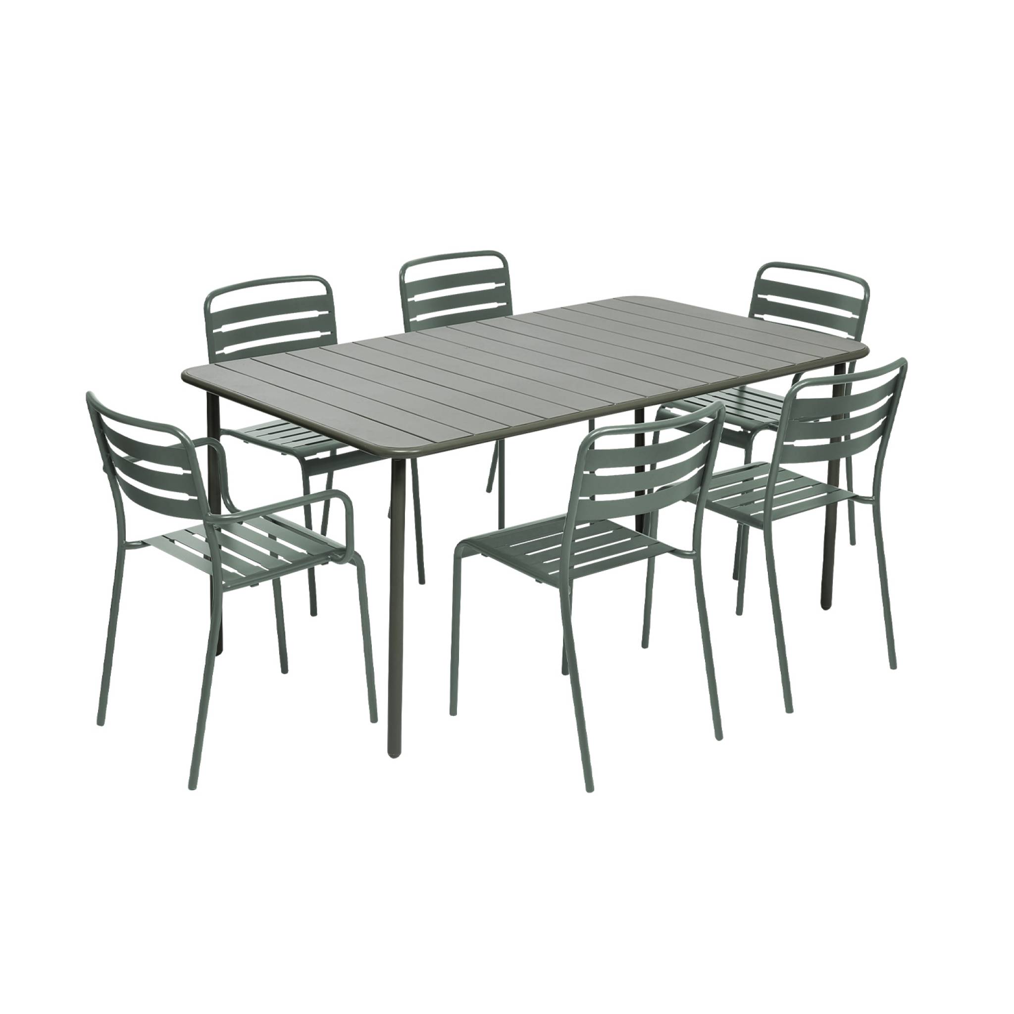Table de jardin métal + 6 assises kaki. acier traitement anti rouille