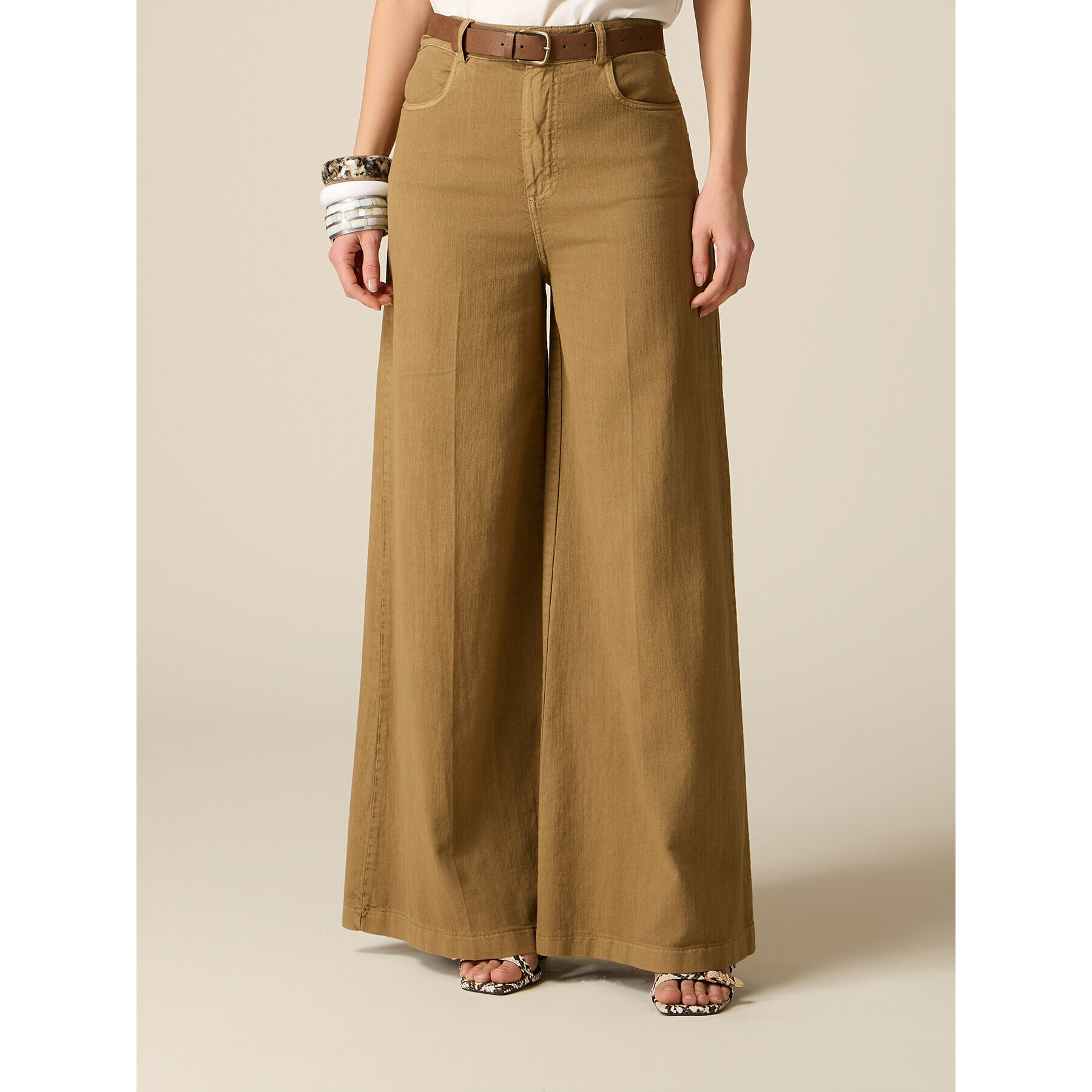 Oltre - Pantaloni wide leg in cotone maltinto - Marrone