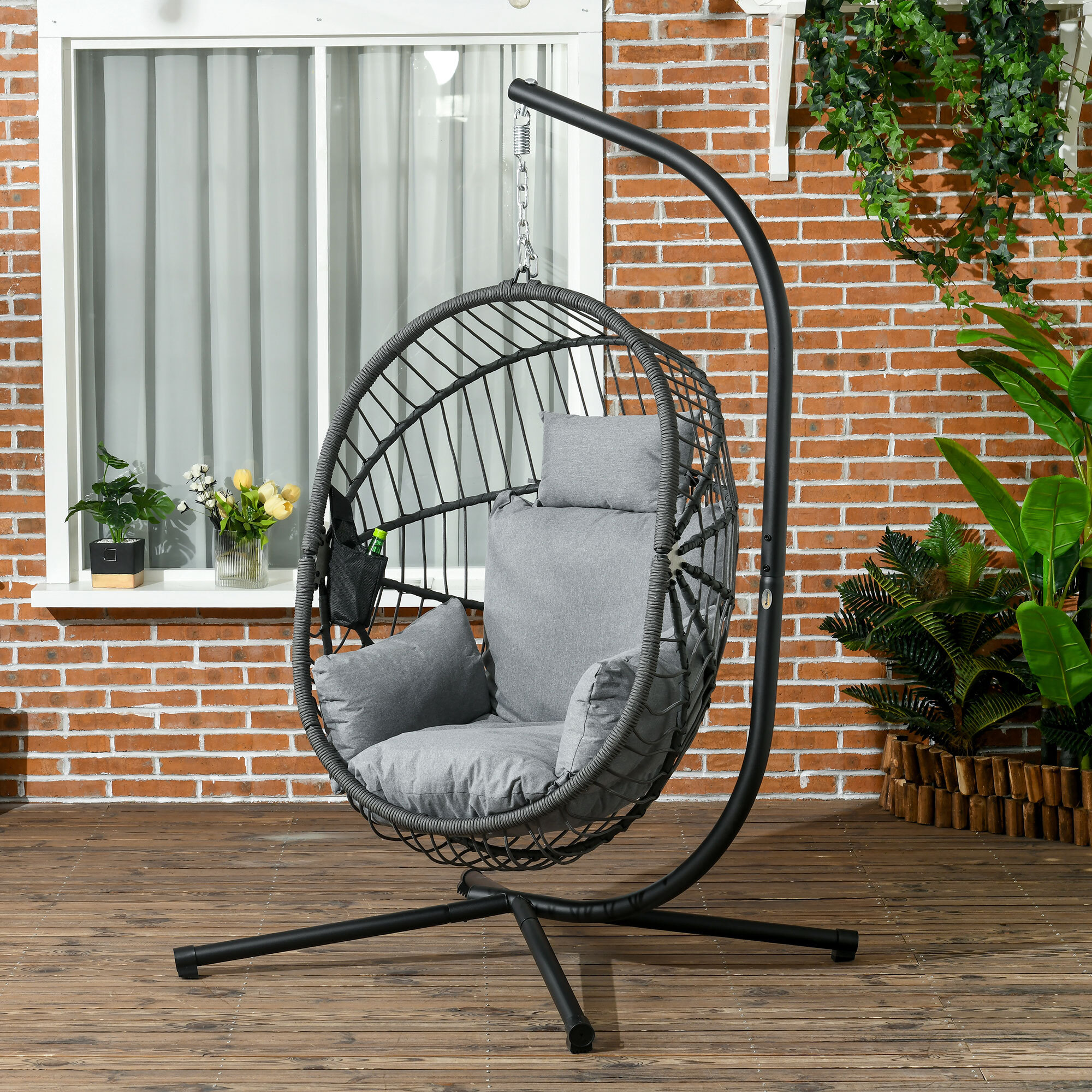 Silla Colgante Huevo con Soporte Columpio Jardín Exterior con Cesta Plegable Cojín y Reposacabezas Columpio Colgante para Interior y Exterior Carga 120 kg Gris