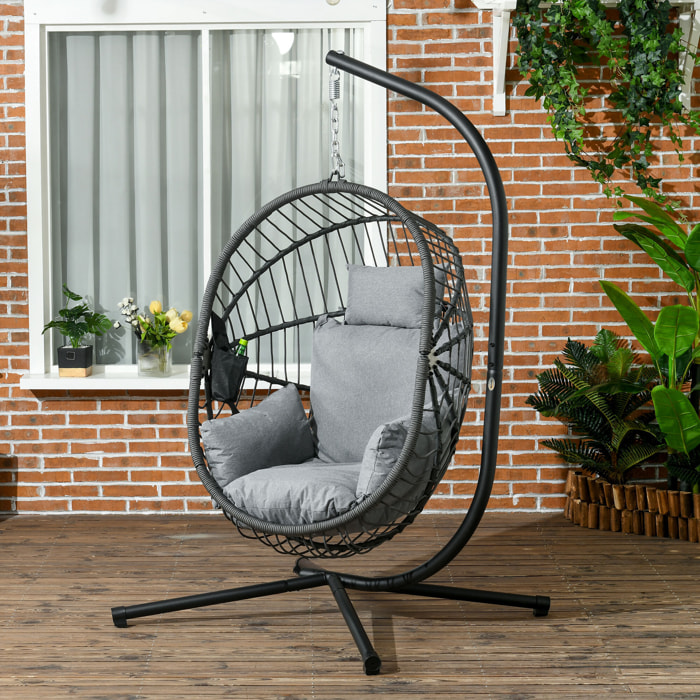 Silla Colgante Huevo con Soporte Columpio Jardín Exterior con Cesta Plegable Cojín y Reposacabezas Columpio Colgante para Interior y Exterior Carga 120 kg Gris