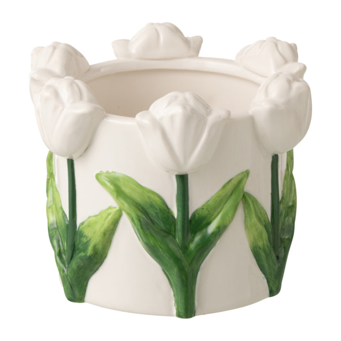 J-Line Cache-pot Tulipe - céramique - blanc/vert - small