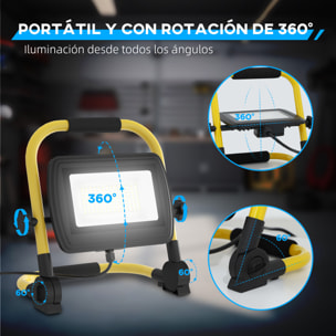 Foco LED Recargable con Cabezas y Soporte Ajustables 50 W 4250 Lúmenes IP65 6500K Foco Proyector Led Resistente a la Intemperie Portátil con Asa para Interior y Exterior Amarillo y Negro