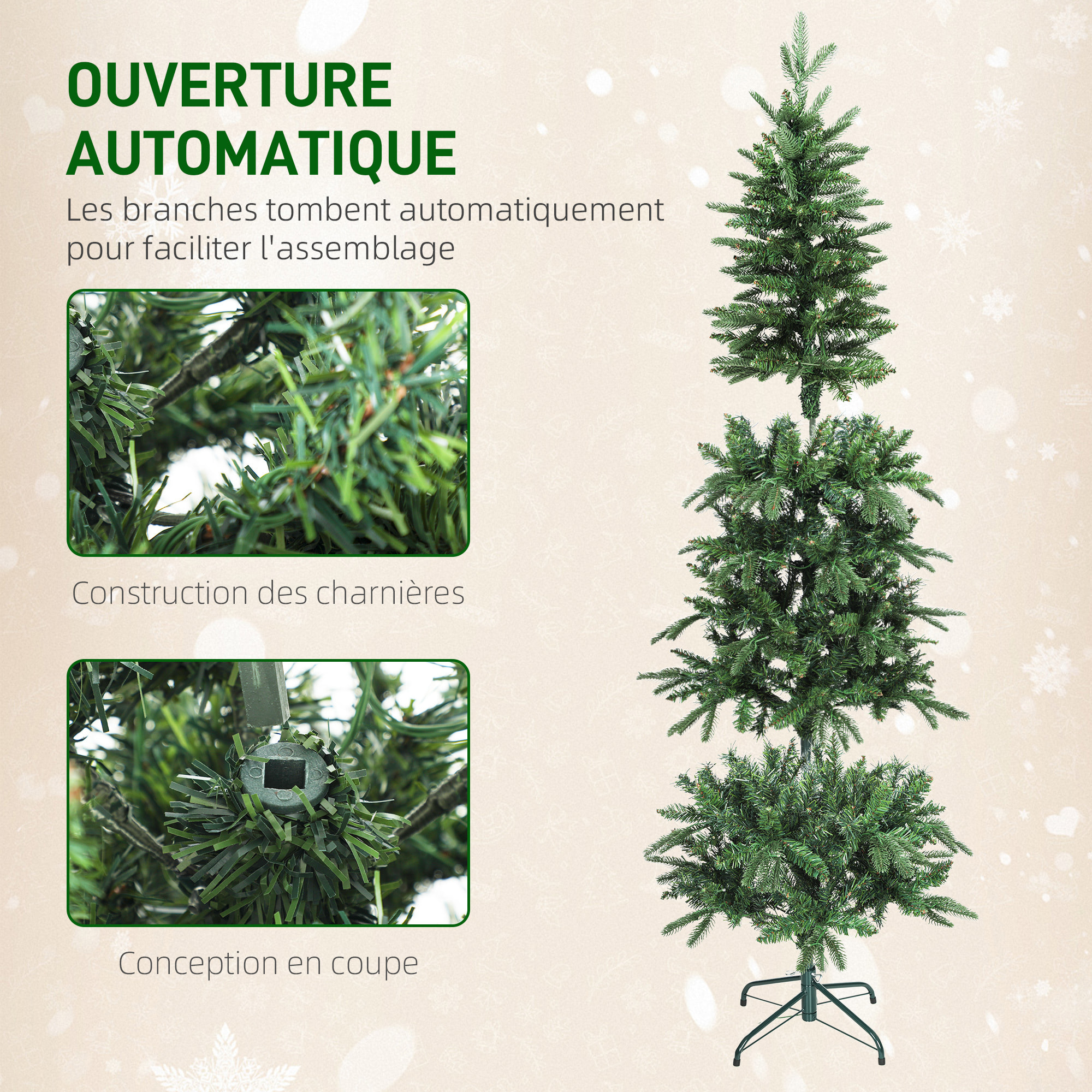 Sapin de Noël artificiel LED x 300 blanc chaud 8 modes H.210 cm 826 branches support vert