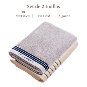 Set de 2 toallas de ducha (150x90), 100% algodón, 470 gsm, en colores gris y beige con raya verde, scalpers home