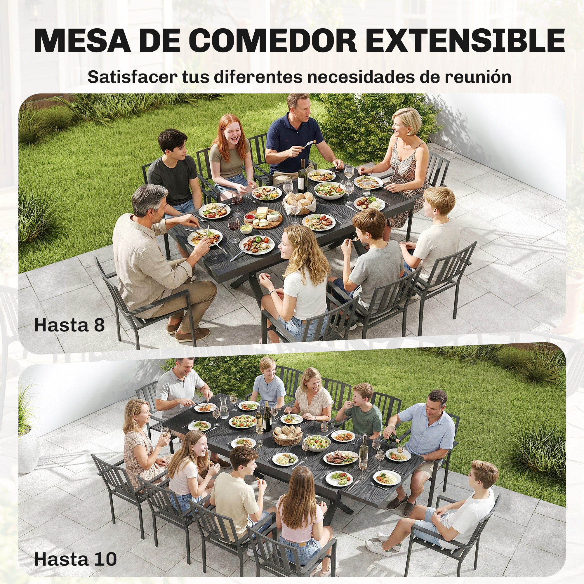 Mesa de Jardín Extensible con Superficie de Aluminio, 154/214x85 cm, Mesa de Comedor Exterior Extensible Rectangular con Imitación Madera para 8-10 Personas, para Patio, Terraza, Gris Oscuro