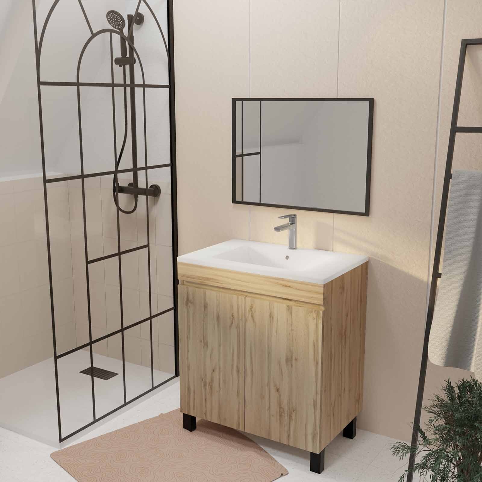 Meuble de salle de bains 70cm TIMBER Décor Chêne Naturel à Portes Vasque Blanche et Miroir 70x50