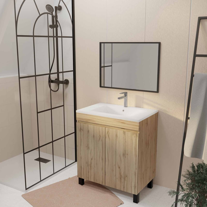 Meuble de salle de bains 70cm TIMBER Décor Chêne Naturel à Portes Vasque Blanche et Miroir 70x50
