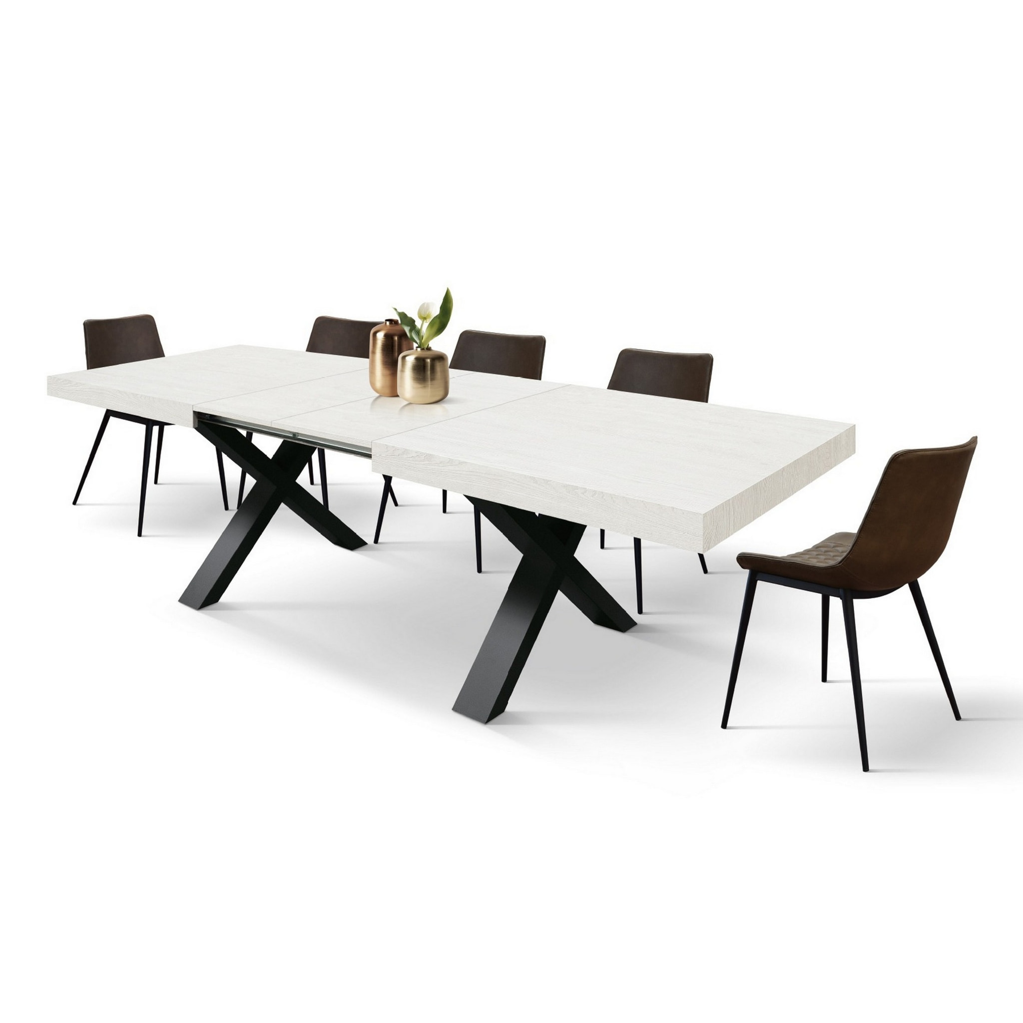 Tavolo allungabile AMALFI in legno effetto bianco frassinato e gambe a X antracite, allungabile 160x90 cm - 240x90 cm