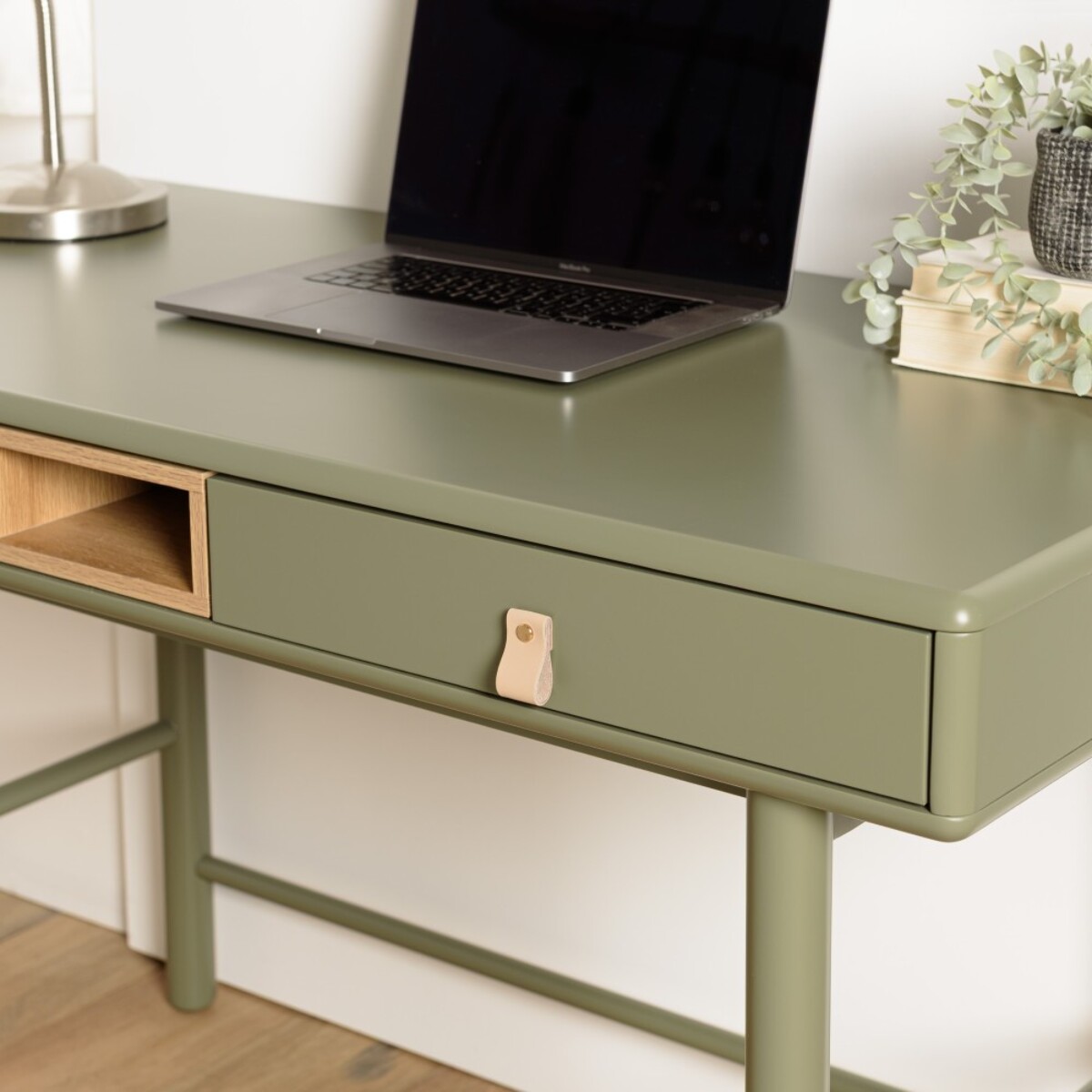 ETHAN - Bureau 2 tiroirs et 1 niche en bois naturel vert