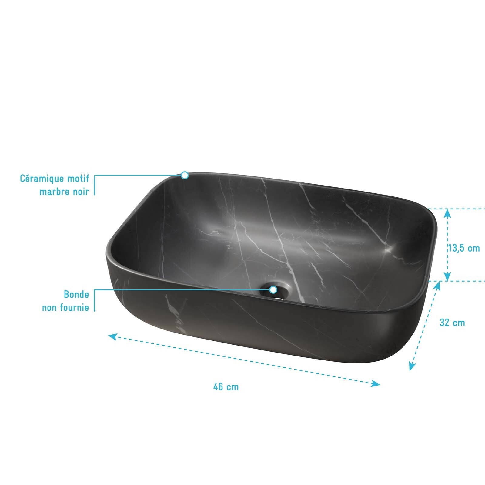 Vasque à poser rectangulaire en céramique noire mat effet marbre 46x32x13.5 cm - BLACK MARBLE