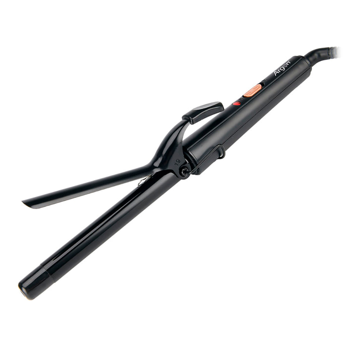 Rizador de pelo negro con tubo de 19mm y 45W. Temperatura de 190°C ±10°.
