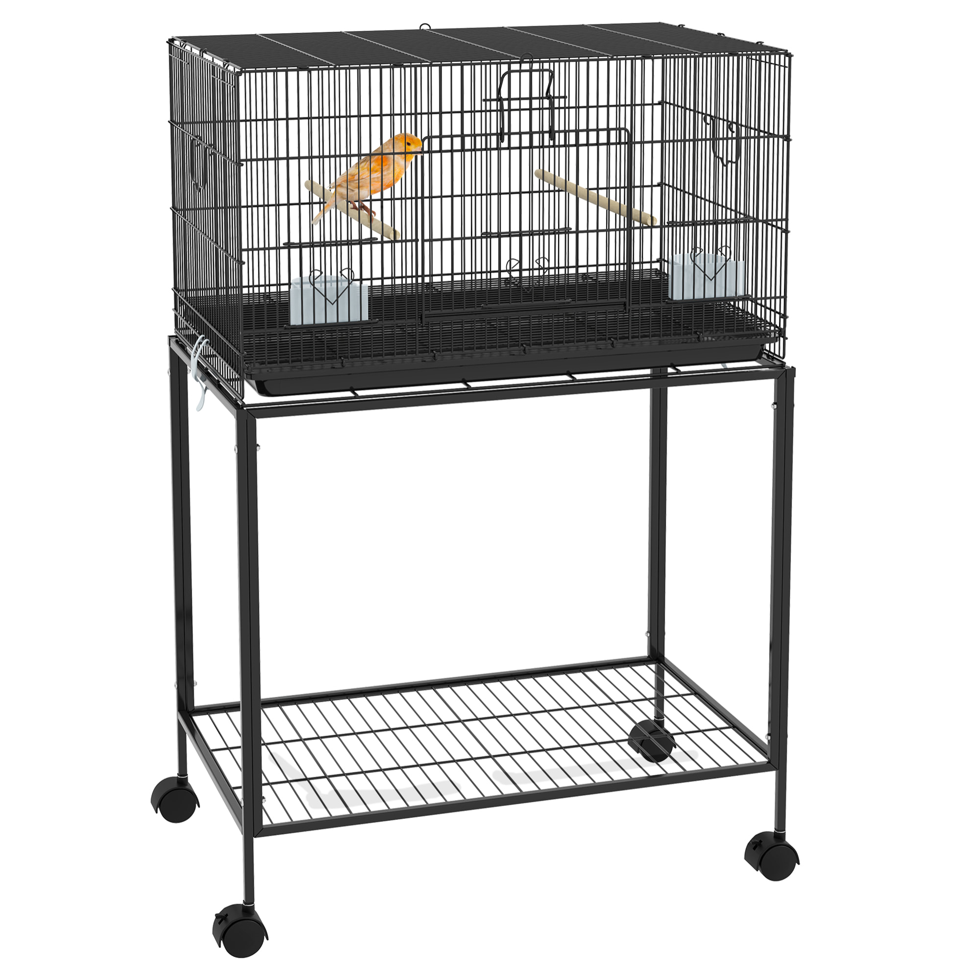 Jaula para Pájaros con Ruedas 77x46x119 cm Jaula Metálica para Aves con Bandeja Extraíble 2 Perchas 2 Comederos y Estante de Almacenamiento para Periquitos Canarios Negro