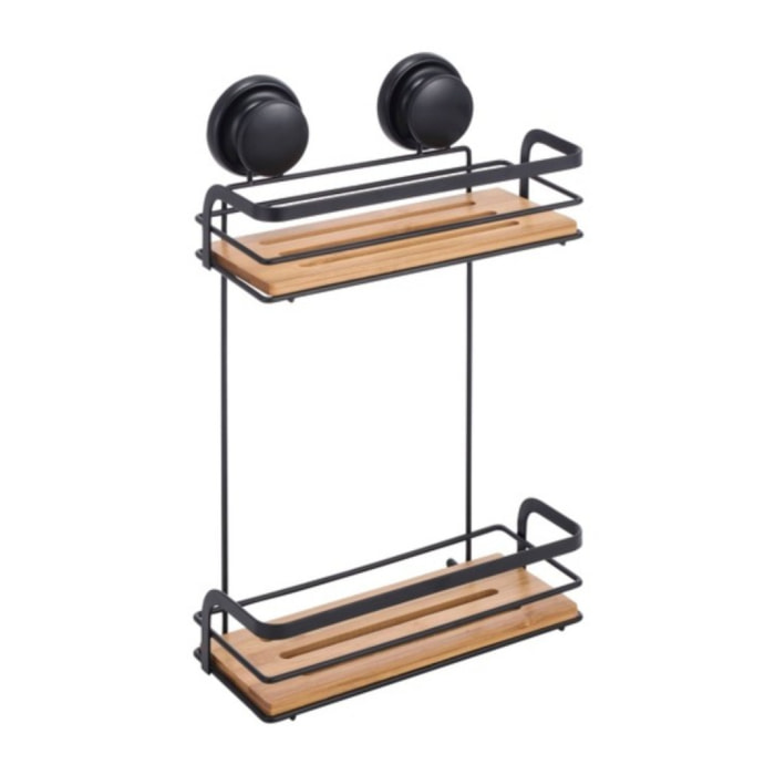 Etagère de douche à  ventouses 2 Niveaux Bambou & Acier Noir mat MSV