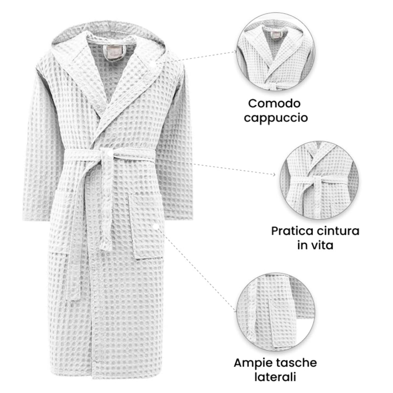 INTRECCI Accappatoio Tinta Unita Nido d’Ape 100% Cotone, Accappatoio Unisex Adulto con Cappuccio e Cinture Taglia M, Bianco