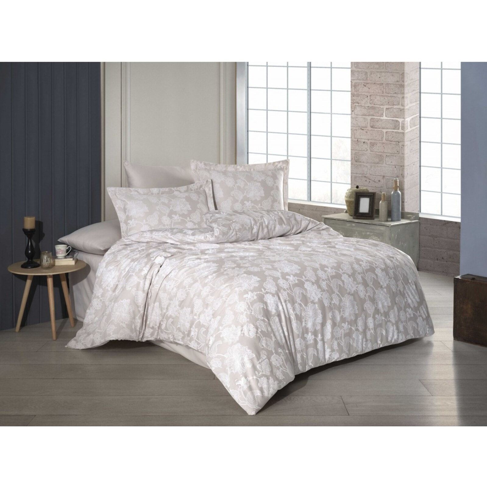 Housse de couette + taie(s) oreiller satin de coton "Sofia beige"