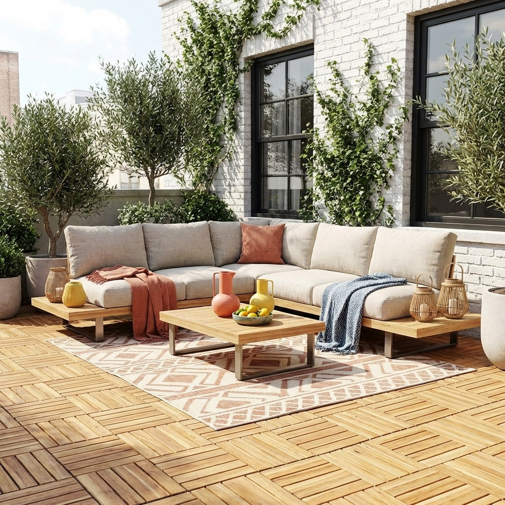 Lot de dalles de terrasse 30x30cm bois d'acacia motif linéaire à lattes SARRAFO