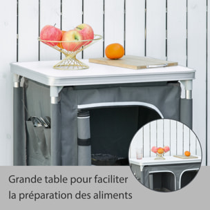 Cuisine de camping - armoire de camping - plan de travail, nombreux rangements, sac transport inclus - armature alu. Oxford gris