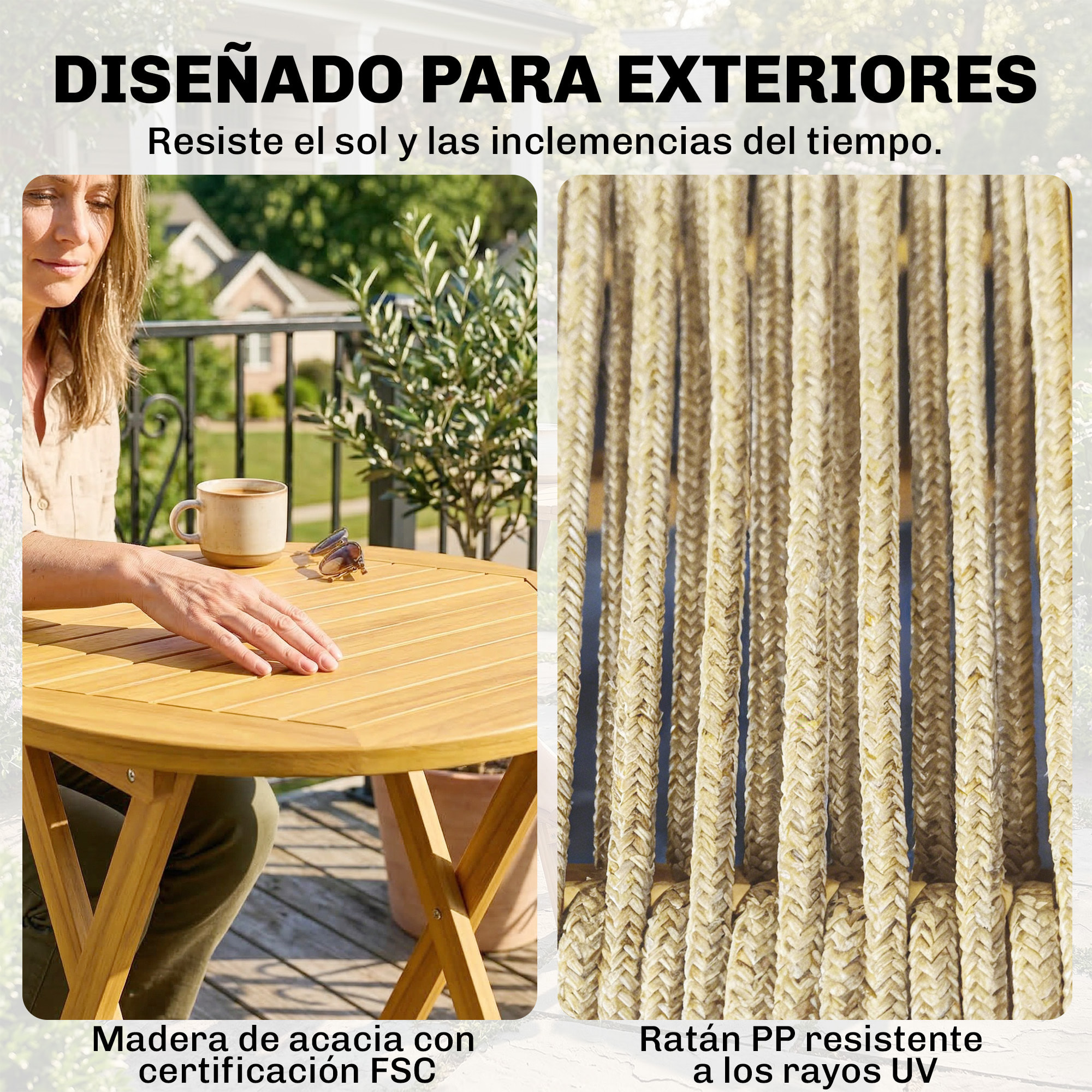 Conjunto de Mesa y Sillas de Terraza Exterior de Madera 3 Piezas, Muebles de Jardín Exterior con 2 Sillas Plegables, Asiento Respaldo de Cuerda PP, Mesa Redonda para Patio, Balcón, Natural