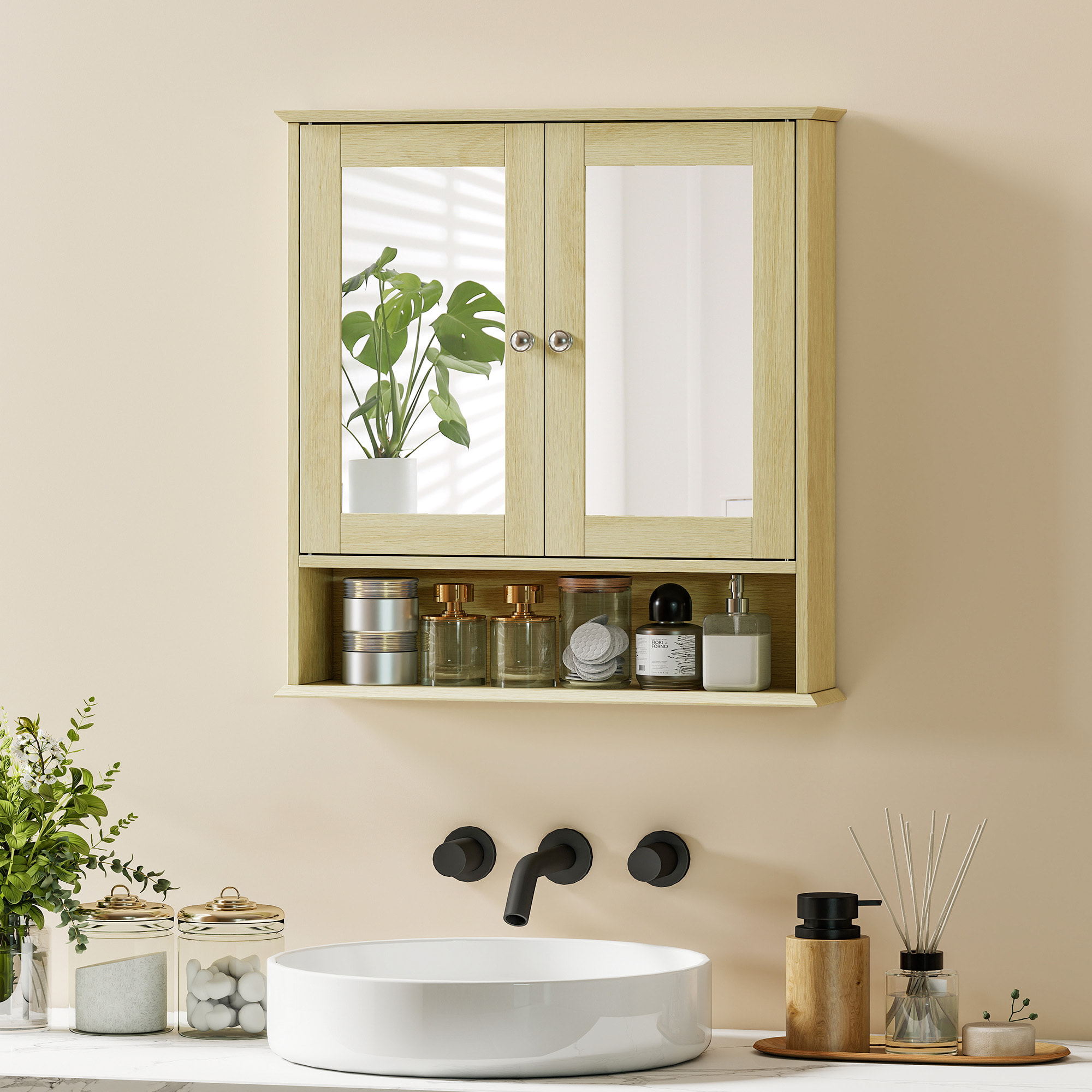 Armario de Baño con Espejo, Armario de Pared con 2 Puertas, Estante Abierto, Estante Ajustable, Mueble de Baño Colgar para Cocina, Salón, 56x13x58 cm, Natural