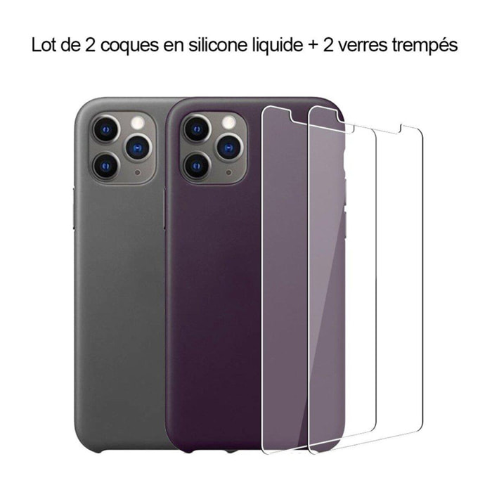 Lot 2 Coques iPhone 11 Pro silicone liquide Gris et Aubergine + 2 vitres en verre trempé de protection