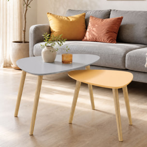 Lot de 2 tables basses gigognes design scandinave forme triangle de reuleaux bois MDF jaune orangé gris