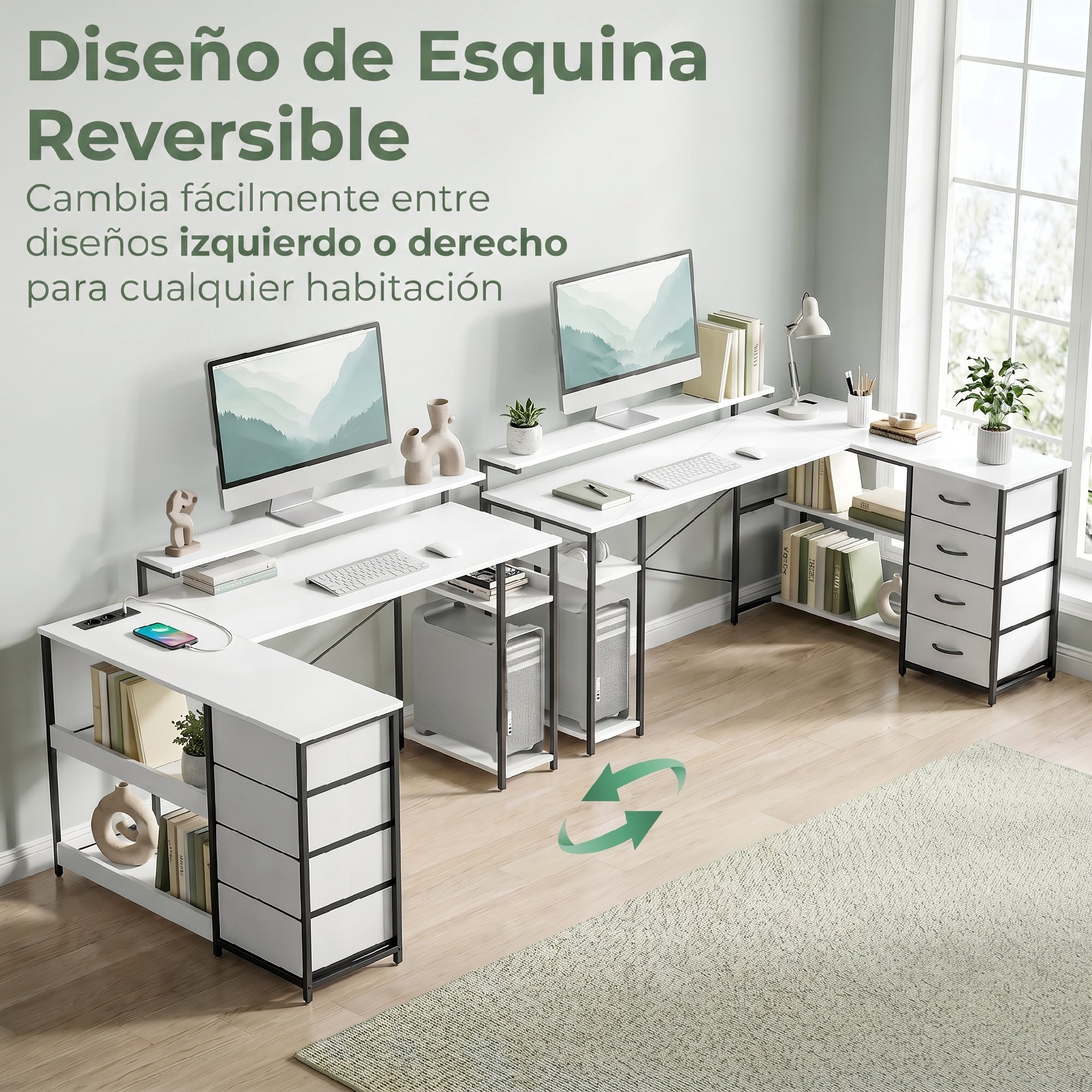 Escritorio Esquinero con 4 Cajones de Tela, 155x112 cm, Escritorio en L Reversible con 2 Enchufes y 2 Puertos USB, Soporte para Monitor, 2 Ganchos, para Oficina en Casa, Estudio, Blanco