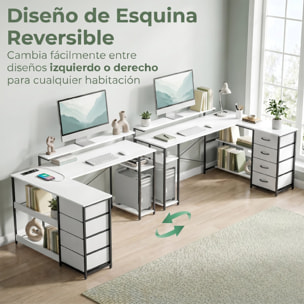 Escritorio Esquinero con 4 Cajones de Tela, 155x112 cm, Escritorio en L Reversible con 2 Enchufes y 2 Puertos USB, Soporte para Monitor, 2 Ganchos, para Oficina en Casa, Estudio, Blanco
