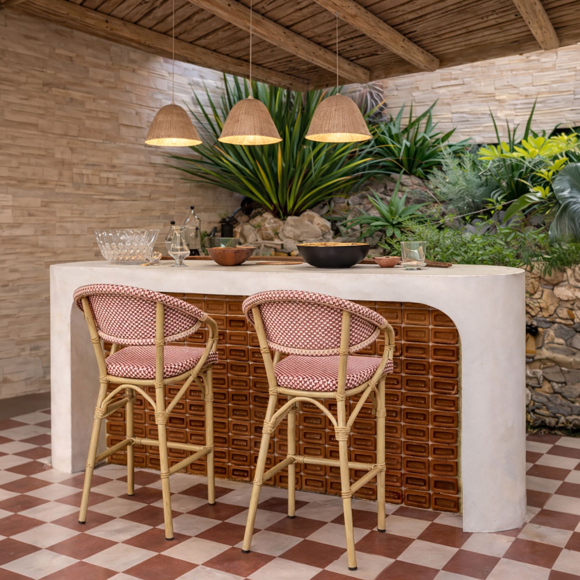Lot de 2 fauteuils de bar extérieur en aluminium effet rotin rouge AMALFI