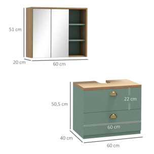 Ensemble 2 meubles salle de bain - meuble sous-vasque suspendu, armoire murale miroir - aspect bois clair vert