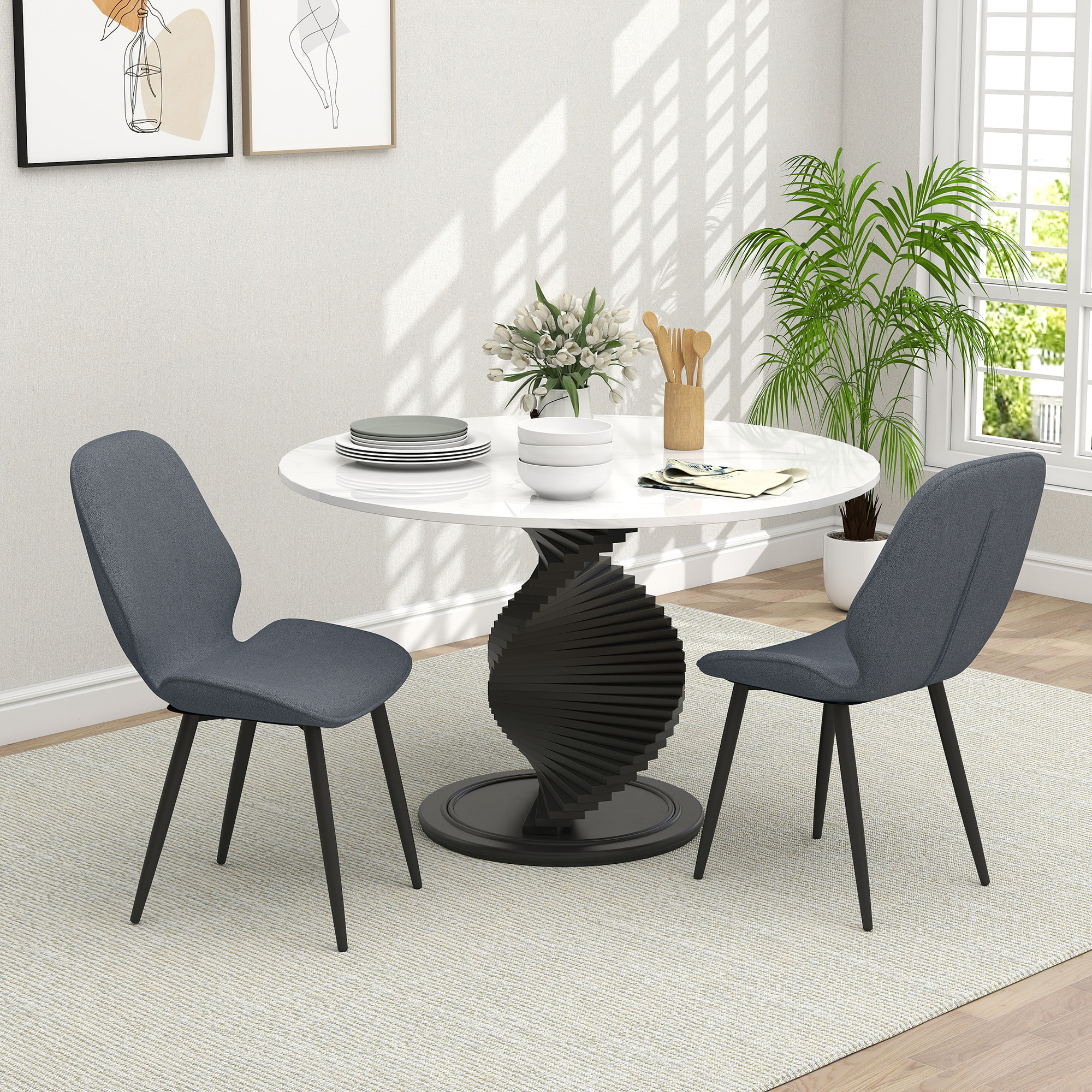 Lot de 2 chaises de salon design assise dossier enveloppant piètement acier noir tissu effet lin gris