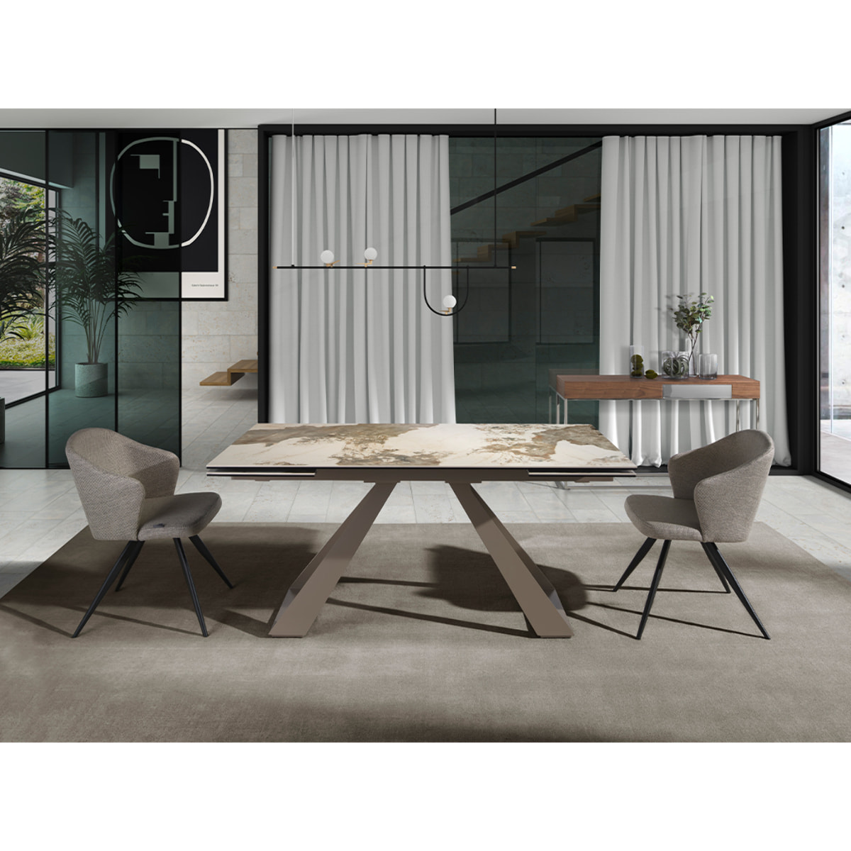 Mesa comedor extensible rectangular con tapa de mármol porcelánico blanco con vetas en tonos tierra en brillo 160x90x76cm
