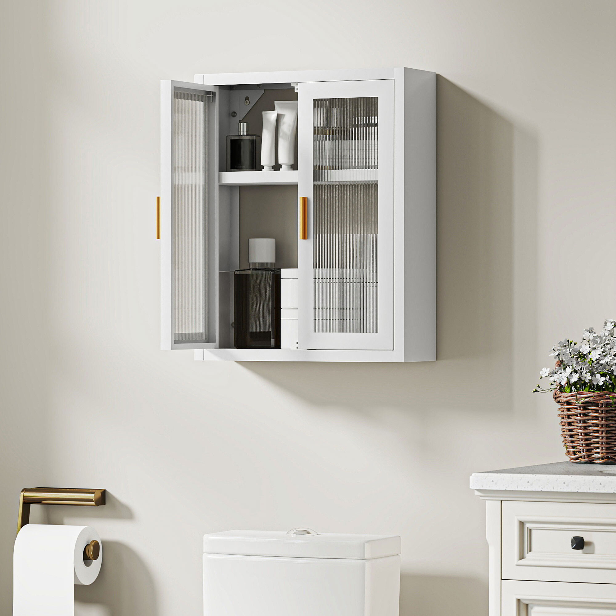 Armario de Baño de Pared, Mueble de Baño Colgante Moderno con Puertas de Acrílico, Estante Ajustable, Cierres Magnéticos, Armario de Almacenamiento para Lavadero, sobre el Inodoro, Blanco
