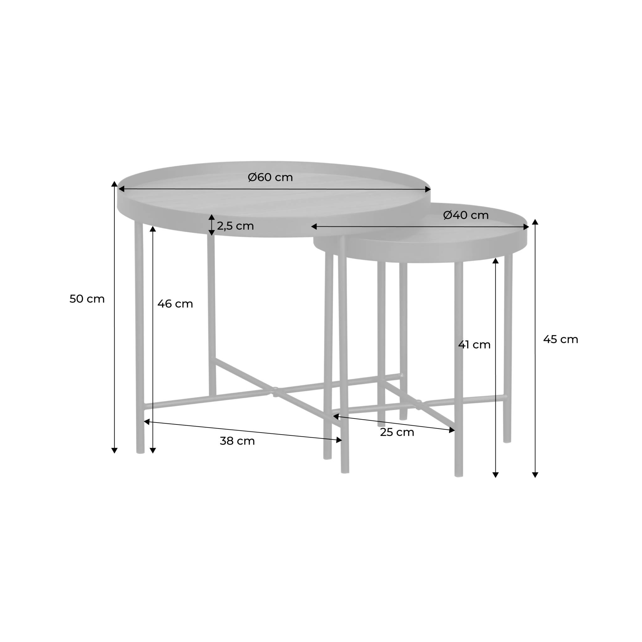 Set de 2 tables gigognes rondes pratiques en MDF effet bois de noyer avec pieds noirs