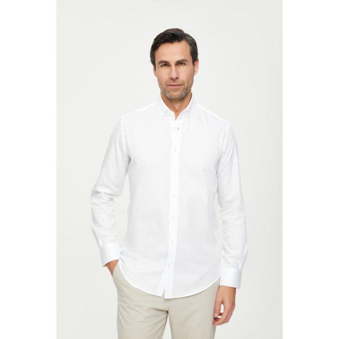Camicia Uomo 1 Bottone Button Down Slim Twill Unito Bianco