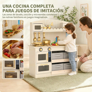 AIYAPLAY Cocina de Juguete de Madera con Luces y Sonidos, Cocinita Infantil con 4 Cestas de Tela, 12 Accesorios, 2 Fogones, Microondas, Fregadero, Grifo, 3-6 Años, Crema
