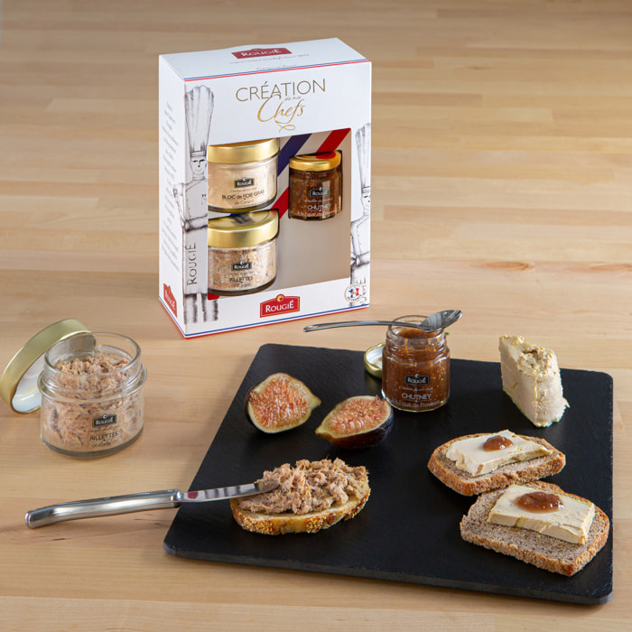 Coffret Création de nos chefs: bloc de foie gras de canard, chutney et rillettes - 230g