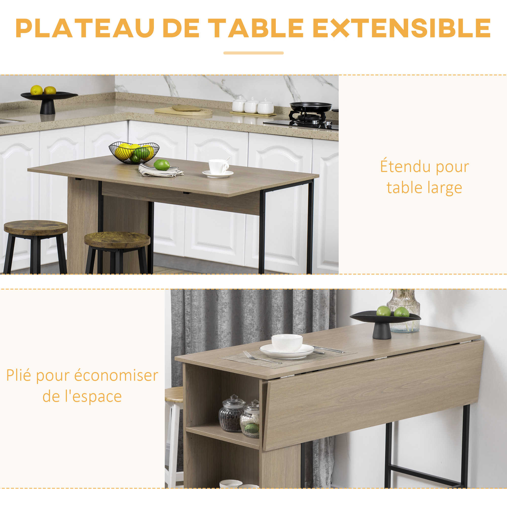 Table de bar extensible design industriel - 3 étagères intégrées - châssis métal noir aspect bois gris