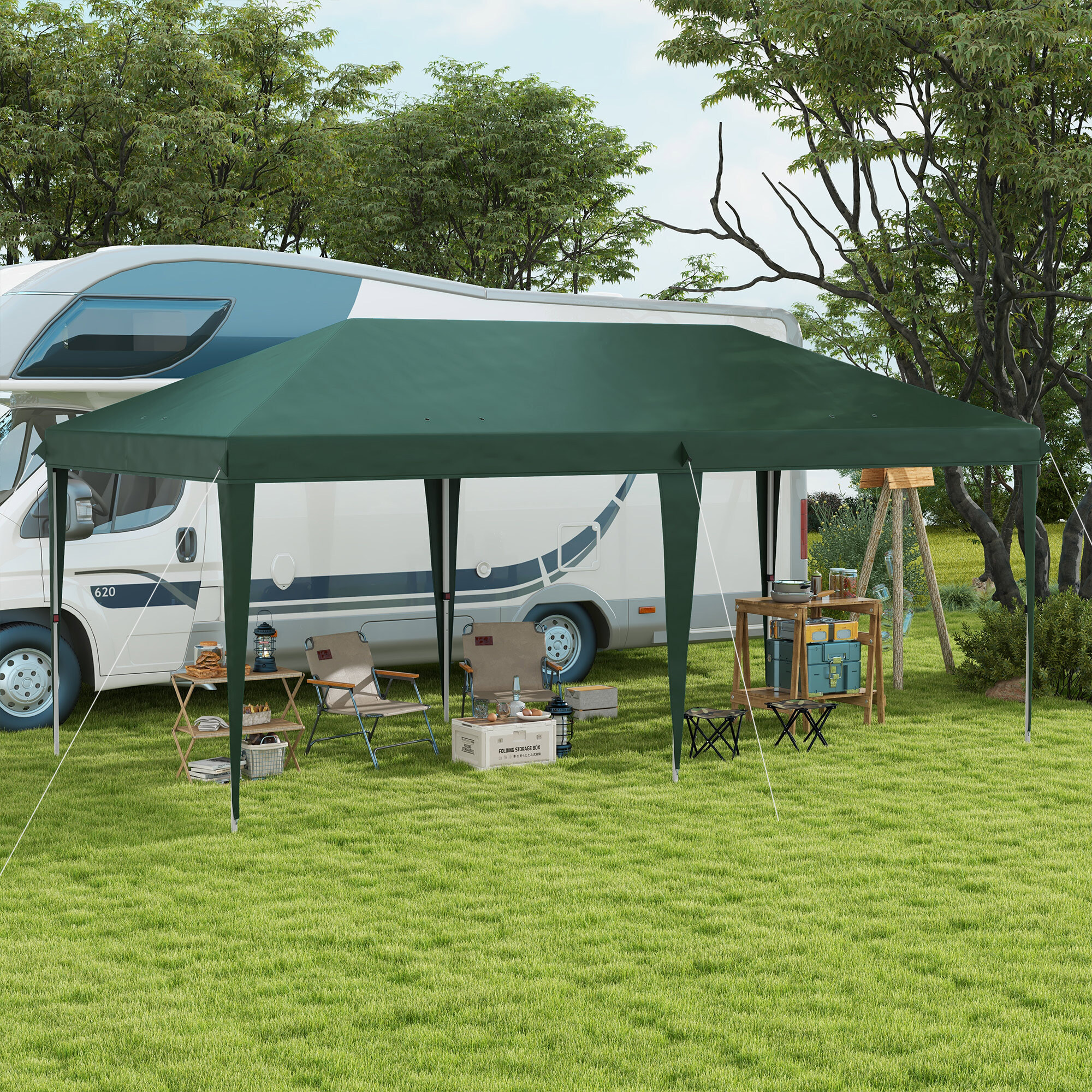 Outsunny Carpa Plegable 6x3 m Cenador de Jardín Gazebo con Altura Ajustable en 3 Niveles Bolsa de Transporte Marco de Acero Anti-UV para Patio Fiestas Camping Verde