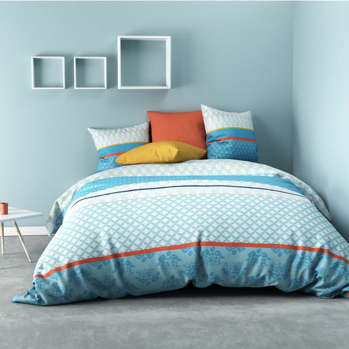 Housse de couette + taies 100% coton 57fils eva blue