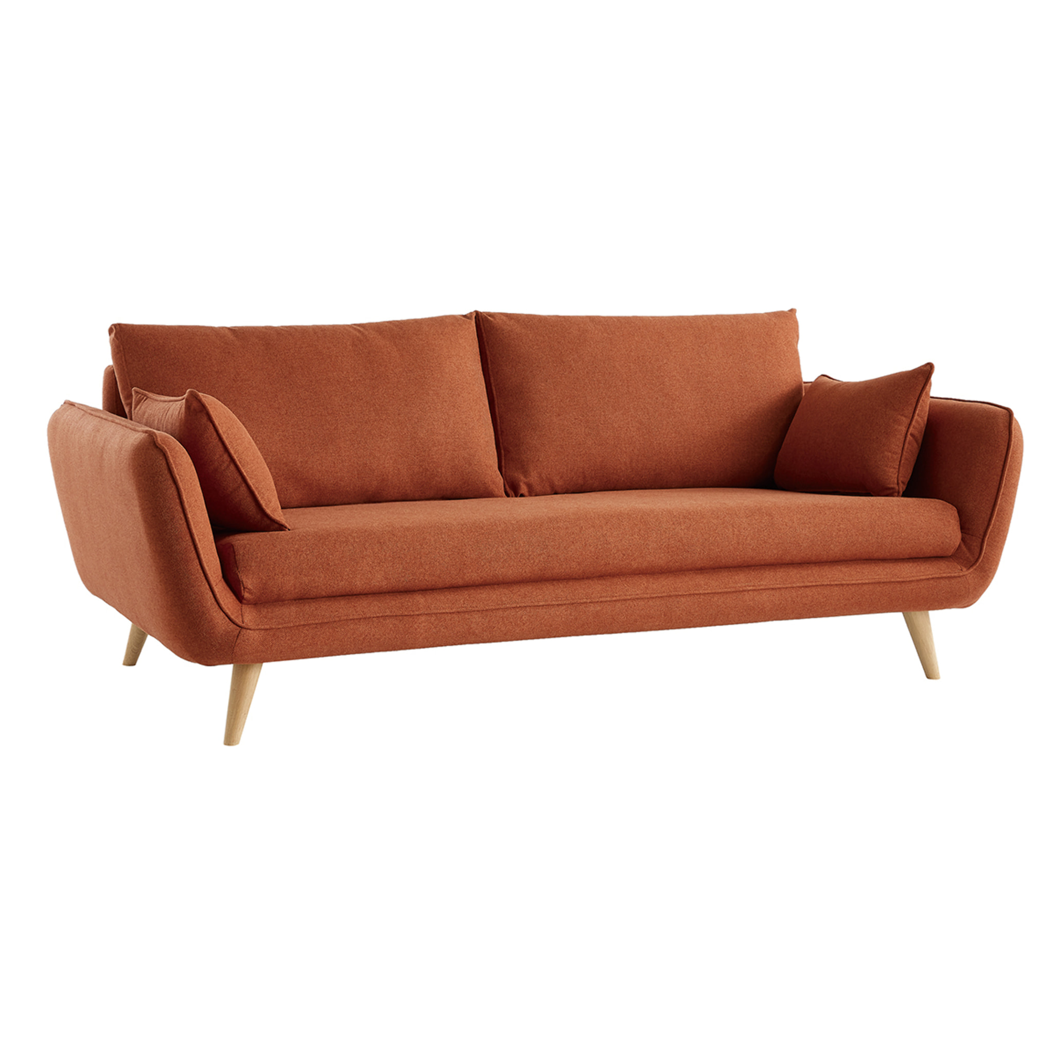 Canapé scandinave 3 places en tissu brique et bois clair CREEP