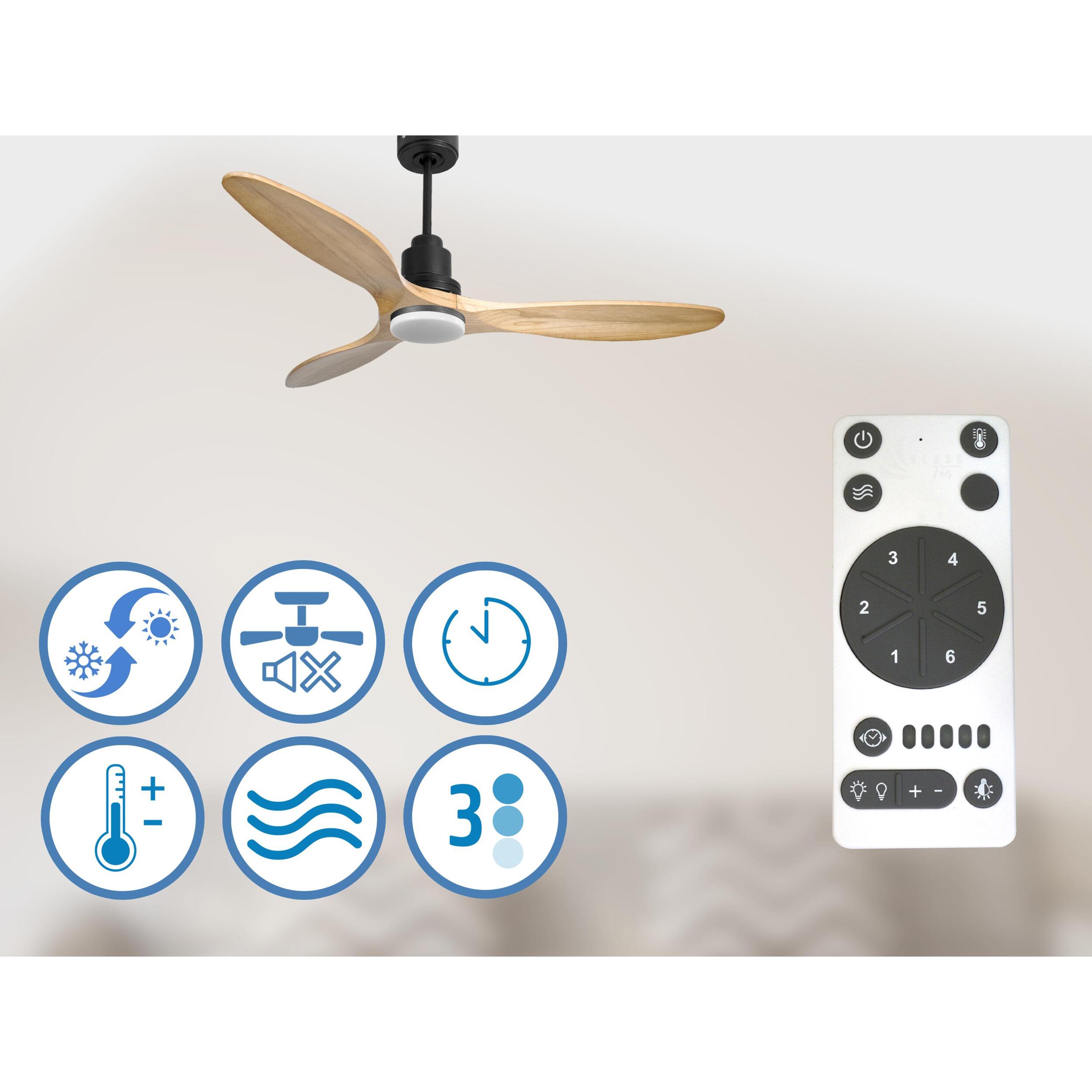 Ventilador de techo Reversible Termostato Dimable Wifi Motor DC Techos Inclinados Mando a Distancia Luz tres tonos Hypersilence Memoria SalamisD132C04LED64629 PURLINE